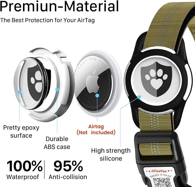 Waterproof AirTag Dog Collar with QR Code Dog Tag, Champagne XS | IP68 waterproof, QR code dog tag, Anti-Lost, Online profile, fits XS-L (8"-26"), Padded nylon, Reflective, No App, No Fees