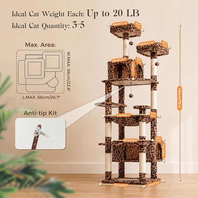 PAWZ Road 72" Leopard Tall Cat Tree for Large Cats with Condo & Sisal Posts | leopard plush cat tower, dual condos&perches for indoor large cats, 16"x16" large hammock,8 sisal posts&bottom scratcher