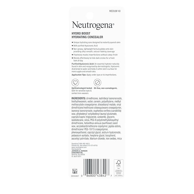 Neutrogena Hydro Boost Hydrating Concealer Stick, Oil-Free, Lightweight Cover-Up Makeup with Hyaluronic Acid Refreshes Dry Skin & Provides Buildable Coverage, 40 Medium, 0.12 Oz