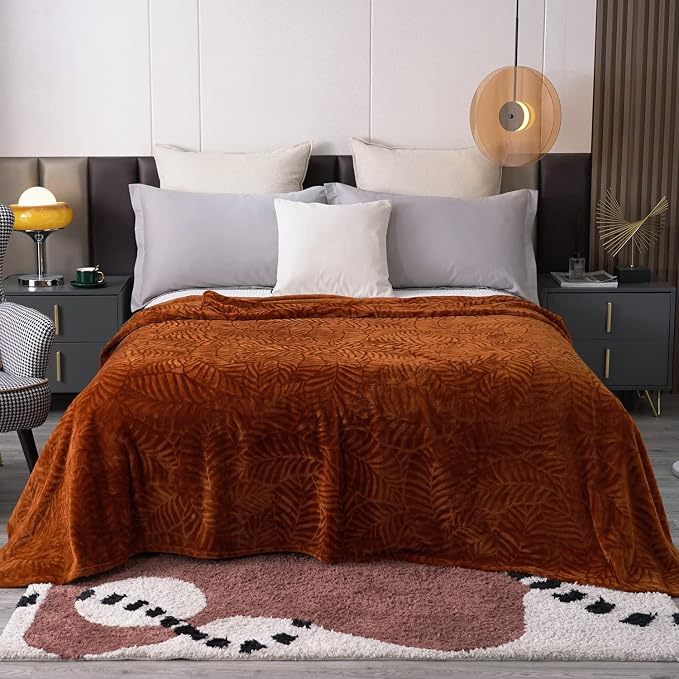 Super Soft Flannel Fleece Fall Bed Blanket, 90 x 90 Inches, Caramel | Lightweight Cozy Warm Leaves Textured Plush Blanket as Bedspread Coverlet Bed Cover for All Seasons