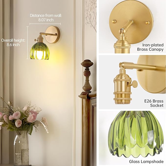 Shenmoyl Vintage Battery Operated Wall Sconce with Green Tulip Glass Lampshade 5000 mAh Rechargeable Battery Powered Wall Light with Remote Control for Bedside Bedroom Doorway, Set of 2