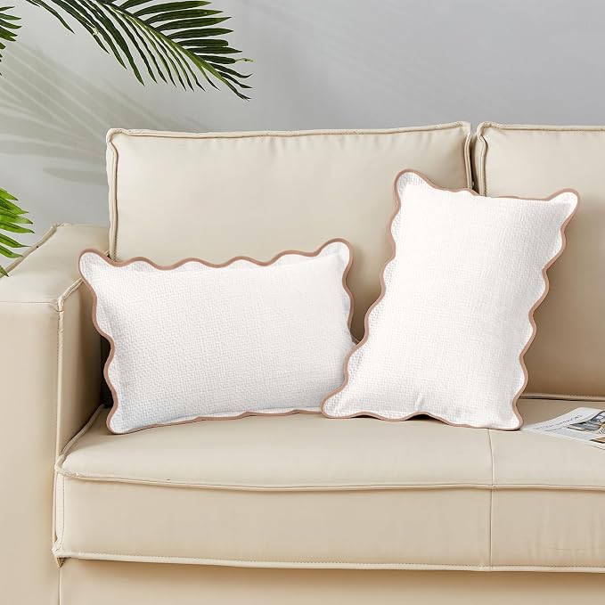 Scalloped Pillow Covers Set of 2 for Living Room | Spring Decorative Sofa Couch Lumbar Pillows | Boho Sytle Decorative Home | Aesthetic Funky Preppy Pillow Cases (Beige & Brown, 12x20 Inch)