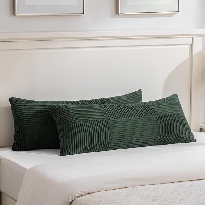 Fancy Homi Set of 1 Dark Green Boho Long Lumbar Body Decorative Throw Pillow Cover 21x54 Inch for Bed Couch Bedroom Bench, Soft Patchwork Corduroy Textured Pillow Case, Rustic Farmhouse Room Decor