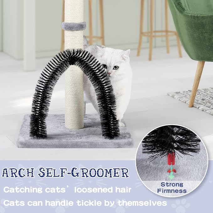 ANWA 32" Tall Cat Scratching Post with Arch Groomer, Natural Sisal, Gray | Natural Sisal Post for Indoor Cats Adults, Stable Cat Post with Plush Toys, Self-grooming Brush, Cat Furniture, Small Space