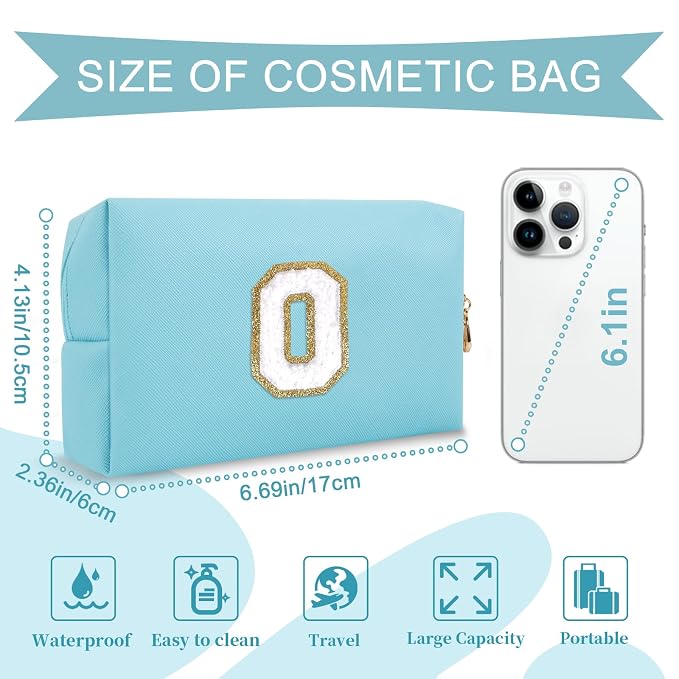 Small Personalized Initial A-Z Preppy Patch Makeup Bag,PU Chenille Letter Travel Cosmetic Pouch with Zipper,Blue Cute Toiletry Bag,Gift Ideal for Teen Girls Women Teacher Bridesmaid,Letter O