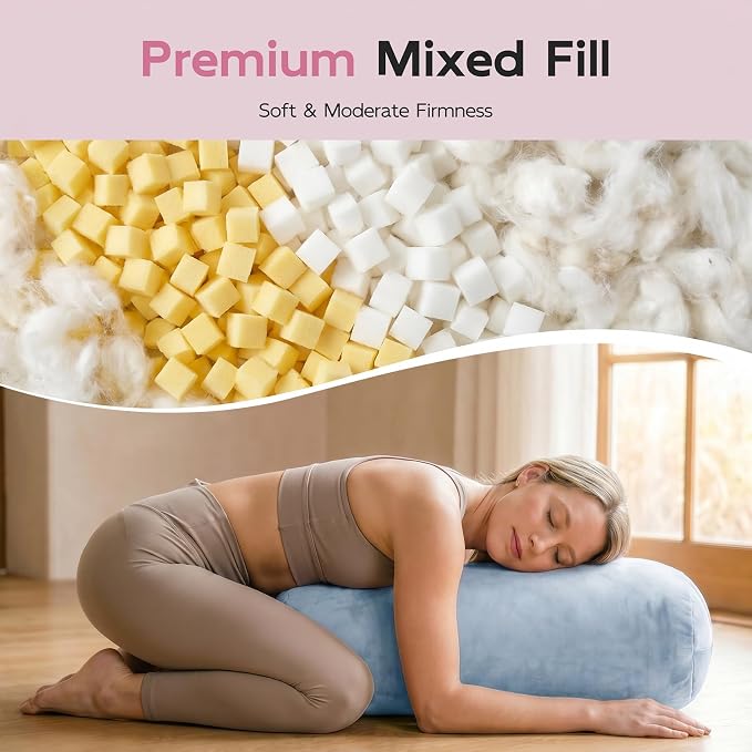 Yoga Bolster Pillow, Curved Wedge for Deep Stretch & Prenatal Support, 25"×12"×5", Sponge Bead-Cotton Filling, Velvet Cover with Zipper & Handle for Yoga, Meditation & Pilates (Light Blue)