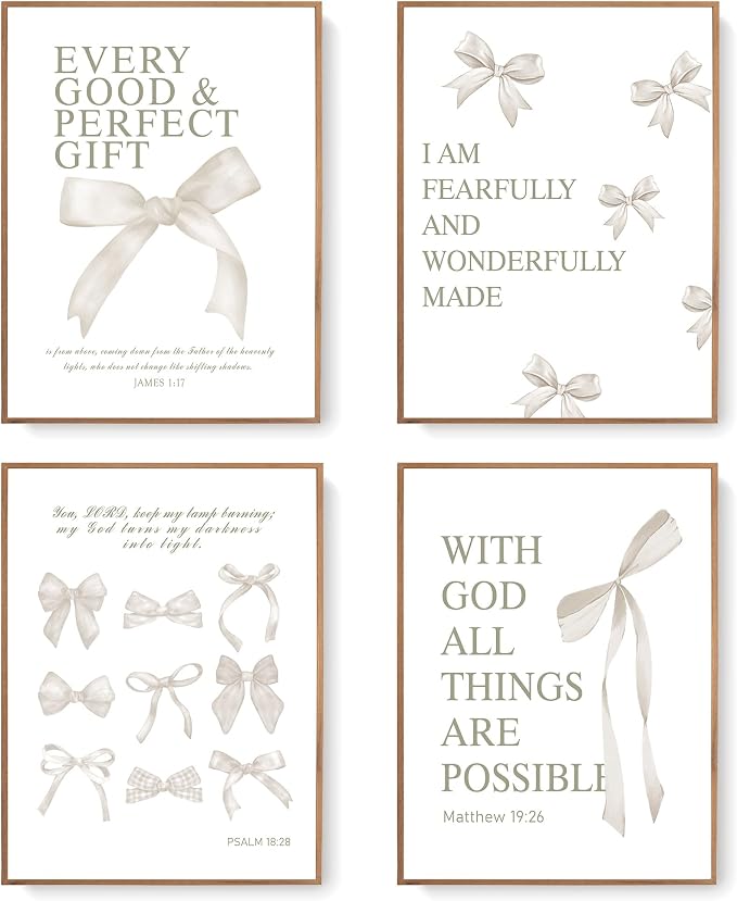 LARTSFRO Coquette Beige Bow Wall Art Decor Posters, Beige Bow Christian Room Bedroom Bathroom Dorm Wall Art Decor Aesthetic for College Teen Girls Gifts, Inspirational Bible Verses Bow Wall Decor, 12x16 Inch Set of 4 Pcs Bow Pictures (UNFRAMED)