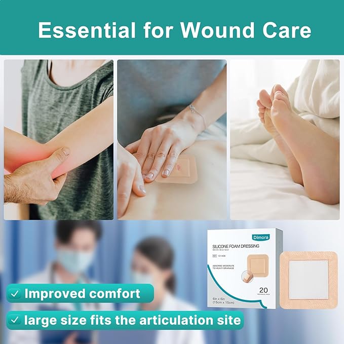 Dimora Silicone Foam Dressing with Border Adhesive 6"x6" Waterproof Wound Dressing Bandage for Wound Care 20 Pack