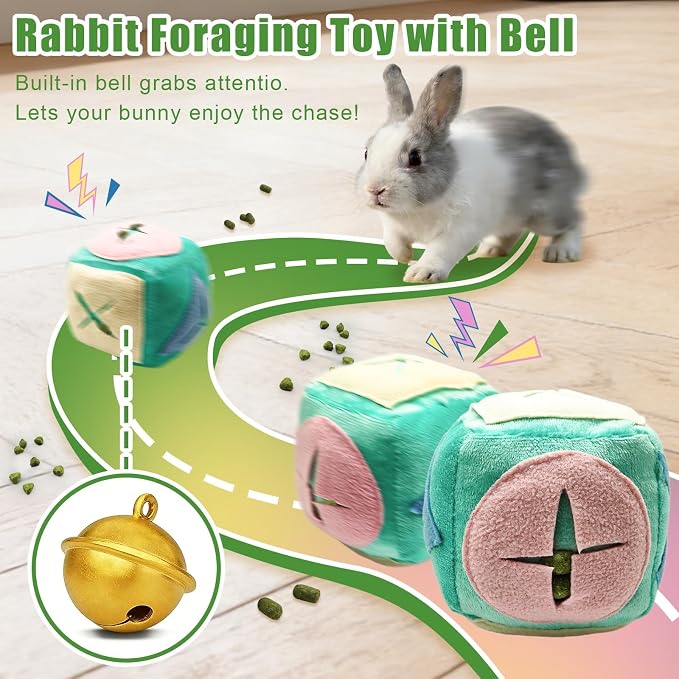 Rabbit Foraging Toy with Bell,Puzzle Feed Game Guinea Pig Fun Enrichment Toys Boredom Relief,Washable Snuffle Interactive Treat Ball Dispenser Exercise Bunny Toys for Indoor Bunnies(Blue)