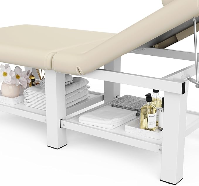 30.5'' Wide × 75'' Long Folding Stationary Massage Table with Backrest and Storage Space for Treatment Table Physical Therapy Table Spa Facial Bed, 6 Square legs, Metal Frame PU Leather - Beige Gray