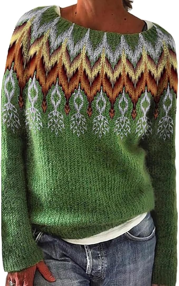 Zhyaj Fair Isle Sweater for Womens Winter Long Sleeve Vintage Knitted Sweater Casual Fall Crew Neck Pullover Sweaters