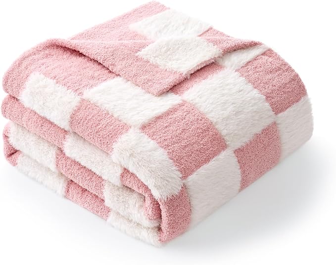 Snuggle Sac Checkered Throw Blanket Faux Fur Microfiber Blankets for Couch,Cozy Soft Warm Blanket for Sofa Bedroom Living Room,Pink Checker,60x80 inches