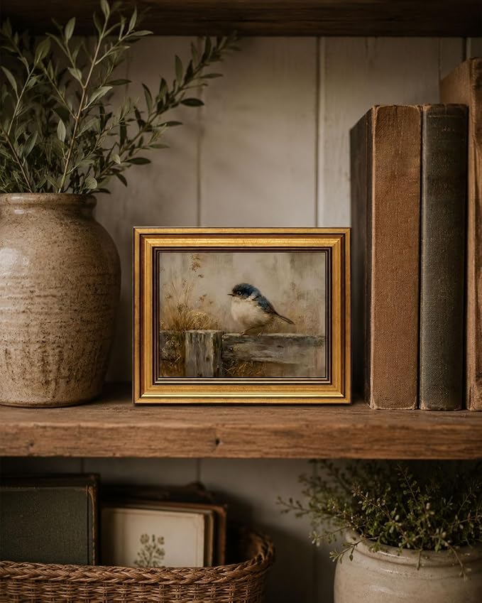 Gold Framed Wall Art, Rustic Nature Bird Canvas Prints, Neutral Farmhouse Bird Picture Wall Decor, Vintage Country Cottagecore Artwork for Living Room Bedroom 12x16 inch