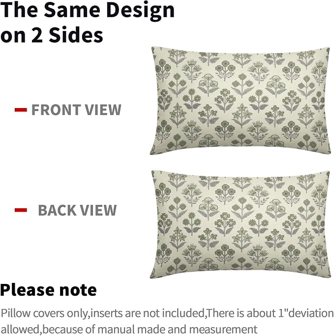 Green Grey Gray Floral Pillow Covers 12x20 Inch Set of 2, Block Print Lumbar Flower Cream Decorative Throw Pillowcases Outdoor Farmhouse Rectangle Cushion Covers Spring Summer Sofa Couch Bed Decor