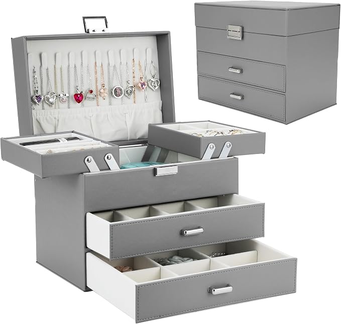 Jewelry Organizer Box, Large Jewelry Boxes for Women Girls, Space-Saving 4 Layers Jewelry Storage Case with Drawer, Movable Metal Stand, Modern, Gift Idea (Grey)