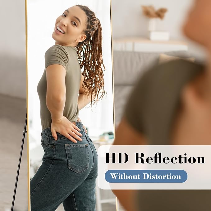 DUMOS 19"x58" Full Length Mirror with Stand, Full Body Floor Mirror | Free Standing or Wall Mount, Nano Glass Aluminum Frame, Hanging or Leaning, Modern Simple Home Decor, Gold