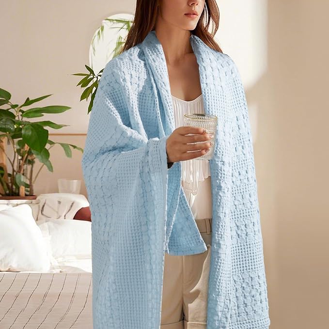 PHF 100% Cotton Waffle Weave Throw Blanket, Lightweight Breathable Summer Blanket for Couch Sofa, Pre-Washed Soft Throws for Bed, Office, Travel & Stylish Home Decor, 50"x60", Baby Blue