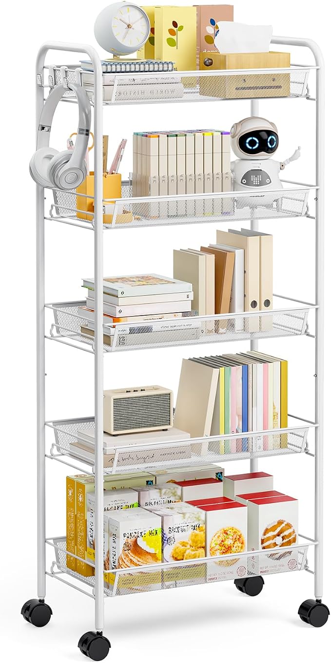 TOOLF 5 Tier Rolling Cart, Metal Utility Storage Cart with Wheels, White | 3 Hooks, Screwless Assembly, Trolley Organizer for Bathroom, Kitchen, Office, Nursery, Dorm, Laundry Room