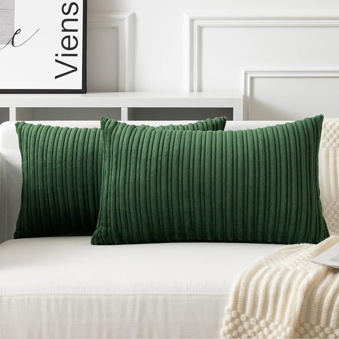 UGASA 12x24 Inch Christmas Pillow Cover Pack of 1 Soft Boho Stripe Corduroy Long Rectangle Lumbar Cushion Case Farmhouse Decorative Pilowcase for Bed Couch Sofa Bedroom, Christmas Green