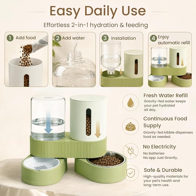 Gravity Cat Feeder 2 Pack Automatic Food Feeder and Water Dispenser Set Detachable Pet Bowl with Silicone Mat for Cats Small Medium Dogs, Large Capacity(Green)