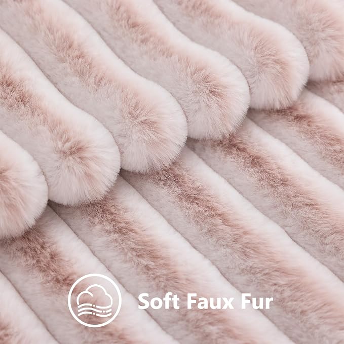 decorUhome Fall Faux Fur Throw Pillow Covers 12x20 Set of 2 Pink White | Decorative Soft Cozy Striped Plush Modern Farmhouse Boho Couch Pillow Cases Velvet Back for Sofa Bed Living Room Home Decor