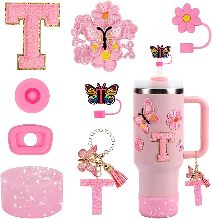 15PCS Cup Accessories Set for Stanley Cup 30oz 40oz Tumbler with Handle, Including Silicone Straw Cover and Boot, Spill Proof Stopper, Stanley Charms, Handle Charm, Initials Sticker