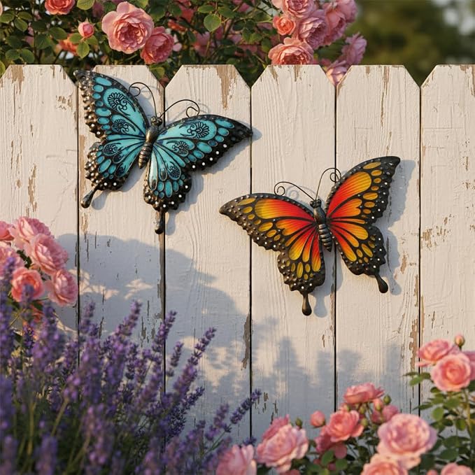 LIFFY Metal Butterfly Wall Decor,2Pack 12" Hanging Glass Butterfly Outdoor Decor,Home Orange Butterflies Decorative Ornaments Outside for Garden,Yard,Fence,Patio