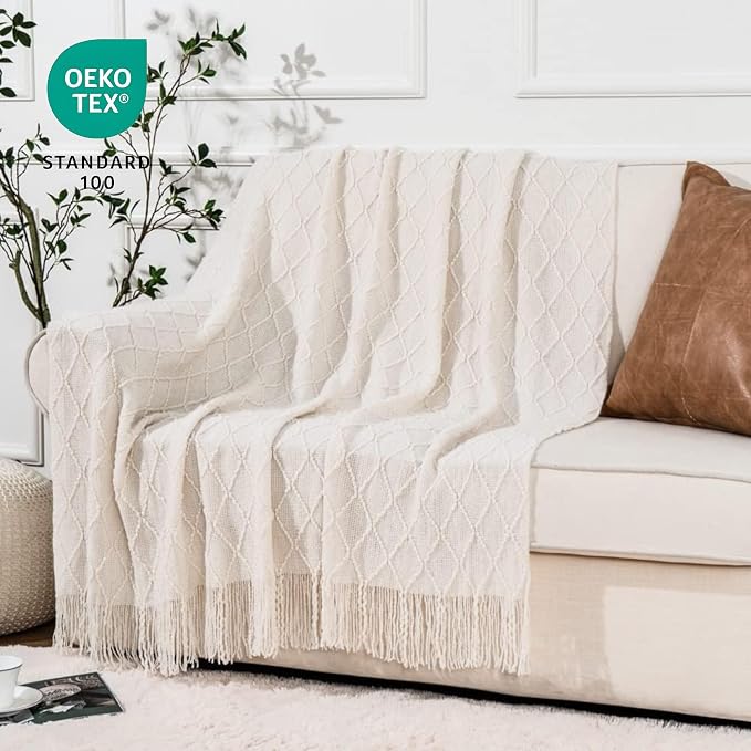 BATTILO HOME Cream Throw Blanket for Couch, Boho Bedroom Decor Throws, Decorative White Throw for Sofa Living Room, 50"x60" | Boho Bedroom Decor Throws, Decorative White Throw for Sofa Living Room