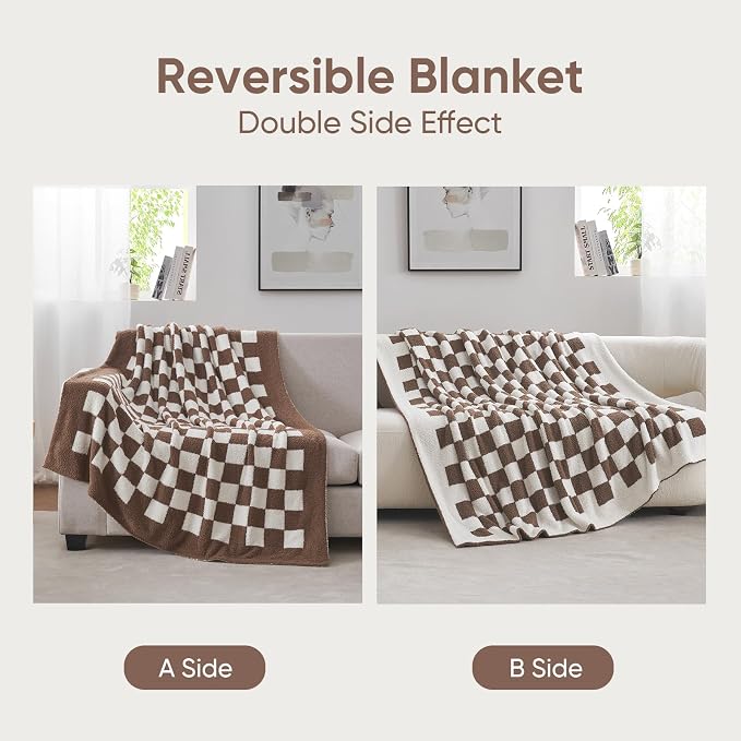 Snuggle Sac Checkered Throw Blanket for Couch, Super Soft, Cozy Warm Knit Blankets, Reversible Plaid Fluffy Throws for Sofa, Bed, Checkered Brown, 50x60 Inches