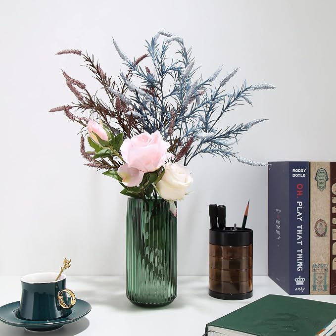 Small Cylinder Ribbed Green Glass Flower Vase for Farmhouse Dining Table Centerpieces Decor