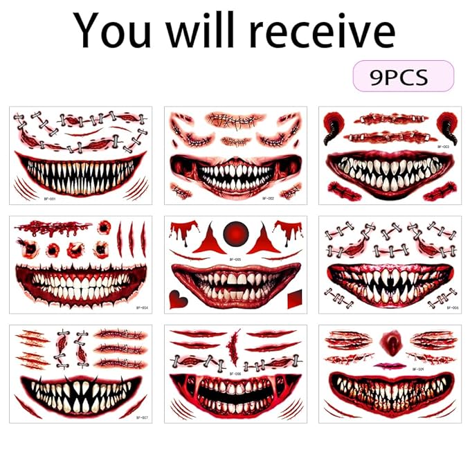 9 Sheets Halloween Tattoos - Halloween Temporary Tattoos, Horrible scar Makeup Fake Face Stickers, Funny scar mouth Face Decals for Adults Women Girls Clown Makeup Kit Party