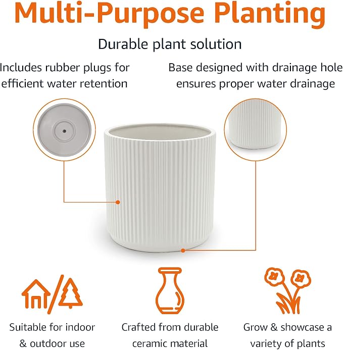 Amazon Basics Fluted Ceramic Planter Pot for Indoor Outdoor Plants, Round Flower Pot with Drainage Hole, 10-inch, White