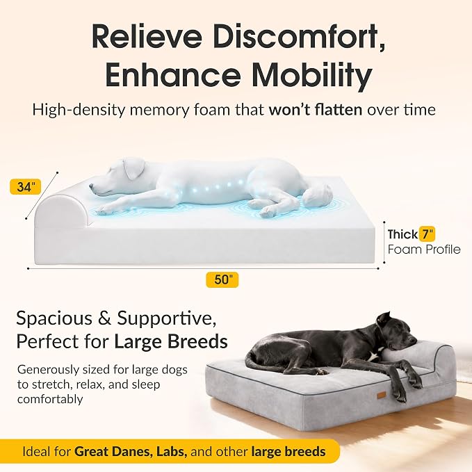 Orthopedic Memory Foam Dog Bed 7" Inch Thick Extra Large Dog Bed With Pillow Grey 50"x34"x10" Includes Waterproof Liner & Durable Removable Cover With Smart Design