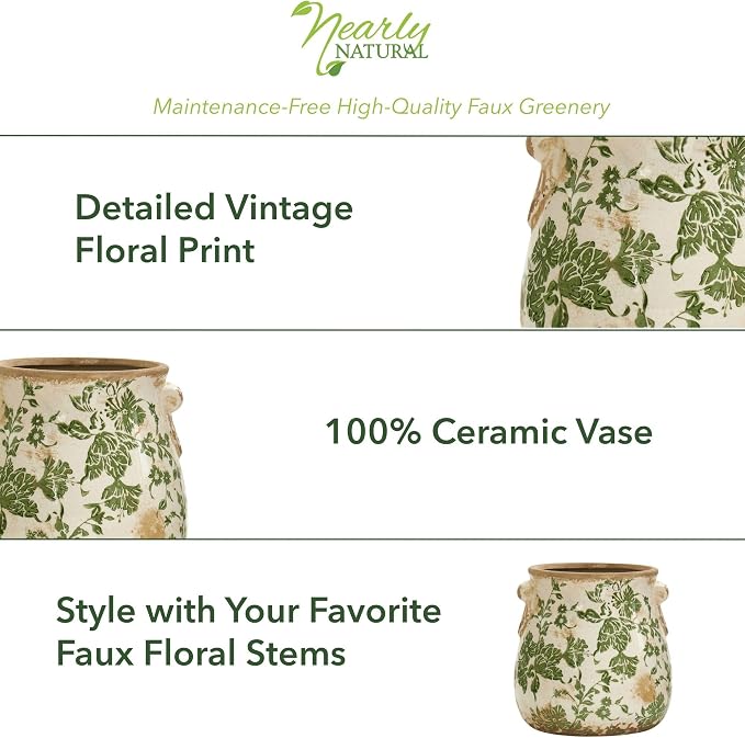 Nearly Natural 6.5 in Tuscan Ceramic Green Floral Scroll Decorative Vase | Quality Ceramic, Indoor Home Decor, Ideal for Centerpieces, Tables, Small Flower Vases