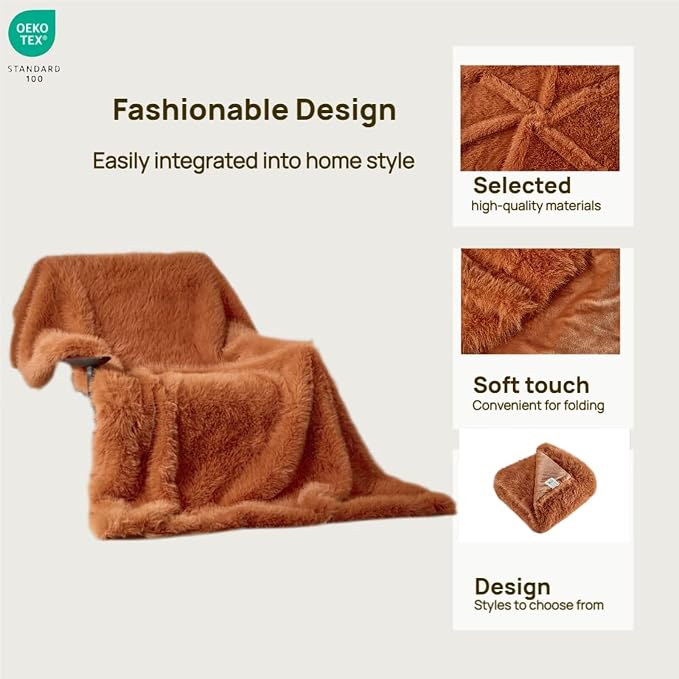 Luxury Fluffy Faux Fur Throw Blanket, Thick Silky Cozy Plush Blanket for Couch, Sofa, Chair, Bed - Burnt Orange, 60x80 Inches