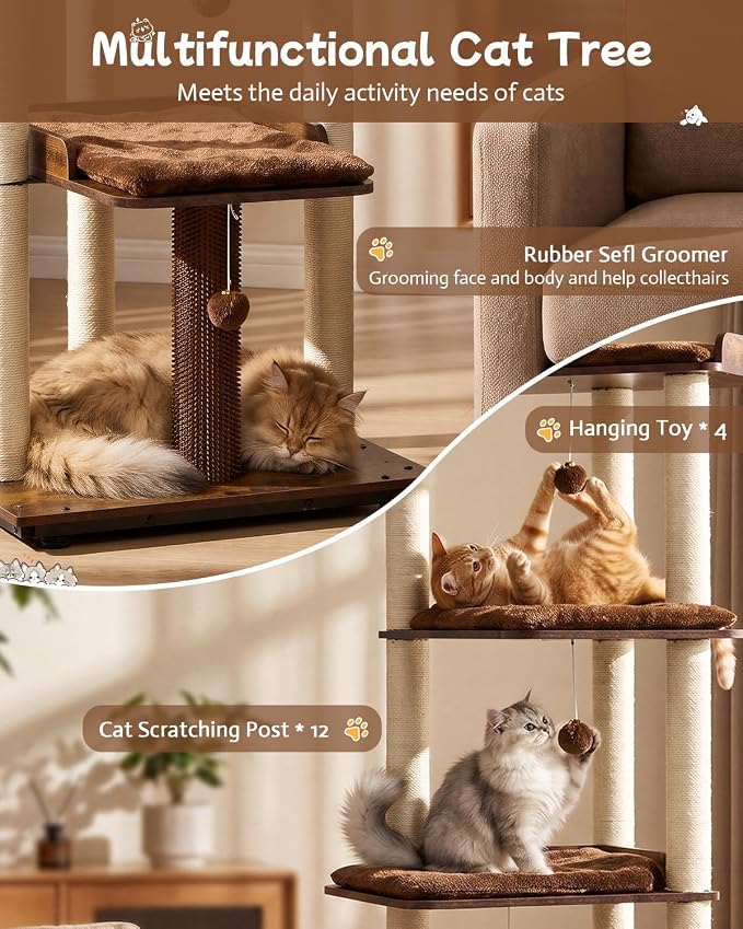 FourFurPets Heavy Duty Cat Tree, 67.7" Cat Tree for Indoor Cats Large Adult, Modern Cat Tower for Large Cats, Cat Tower with Scratching Post, Large Perch and Removable Pads, Rustic Brown