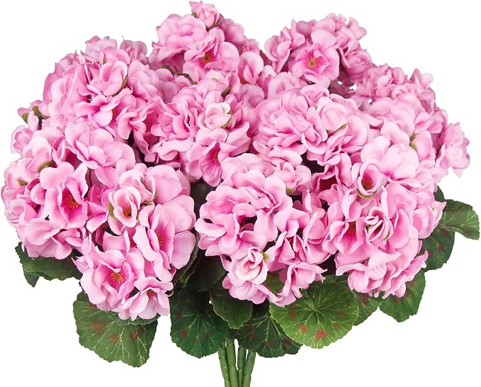 CISDUEO 4 Pcs Artificial Geraniums for Outdoors Silk Flowers Outside, Pink | Faux Flowers Geraniums for Outdoor Planter Floral Home Decor Indoor Garden Patio Grave Cemetary Vase Table Centerpiece