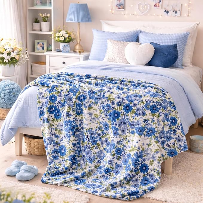Spring Velvet Fleece Floral Throw Blanket: Garden Breeze of Grey Blue Green Flowers on a Colorful Soft Cozy White Design, Oversized 50" x 70"