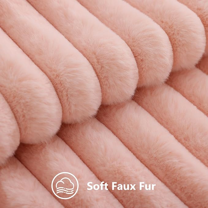 decorUhome Fall Faux Fur Throw Pillow Covers 16x16 Set of 2 Blush Pink | Decorative Soft Cozy Striped Plush Modern Farmhouse Boho Couch Pillow Cases Velvet Back for Sofa Bed Living Room Home Decor