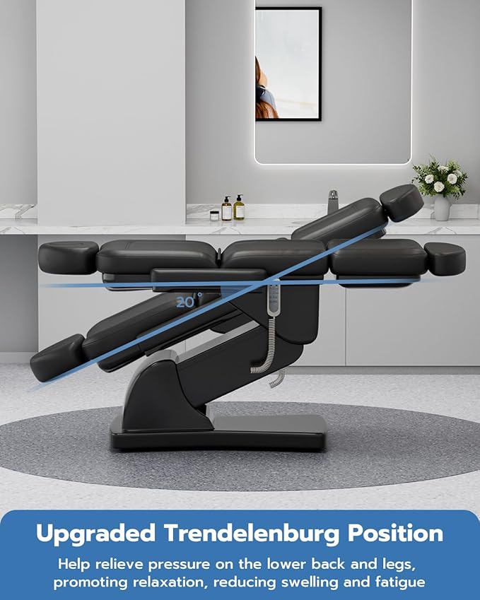 Paddie Fully Electric Spa Bed 4 Motors Spa Treatment Table with 20° Backward Tilt, Height & Angle Adjustable Massage Bed Professional for Facial Beauty Microblading Procedure, Black