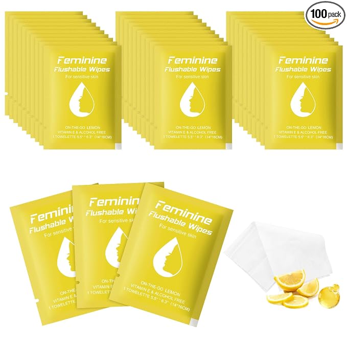 twoworld 100 Feminine Wipes Flushable Travel Individually Wrapped | Travel Wipes for Women,Feminine Care Wet Wipes Travel Size Vaginal Wipes for Adult,Girl and Homeless(Lemon)