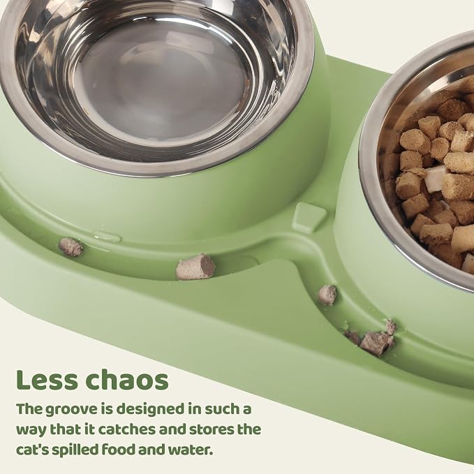Cat Feeder and Water Dispenser, Cat Feeder with Stainless Steel Bowls, Pet Food Dispenser for Cats and Small Dogs, Easy to Clean(Green)
