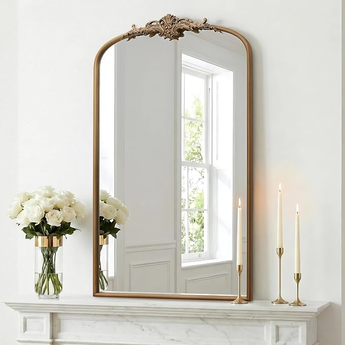 Besdomus Vintage Large Wall Mirror: 24"x42" French Brass Gold Vanity Mirror | Antique Metal Framed Decorative - Baroque Traditional Ornate for Hallway/Bathroom/Fireplace - Ideal for Bathroom Renovations