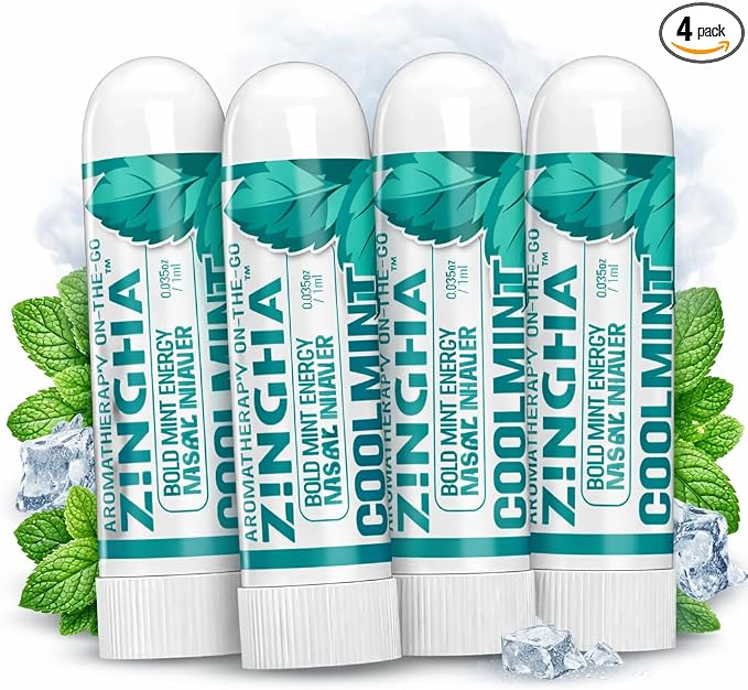 Z!NGHA Natural Aromatherapy Nasal Inhaler Stick for Sinus Relief, Focus & Stress Relief | Portable Dual-Hole Essential Oil Blend (4PK, Coolmint)