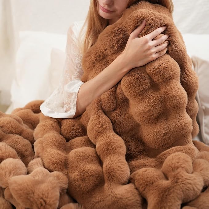 Super Comfort Oversized Warm Thick Bubble Luxury Plush Rabbit Faux Fur Throw Blanket, Fluffy Blanket,Soft Cozy Blanket for Couch Chair Bed Sofa Living Room (Brown, 60inX80in)