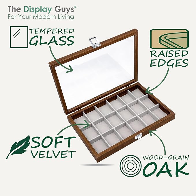 Wooden Travel Jewelry Box w. Tempered Glass Display Lid - Earrings Storage - 18-Compartments Velvet Organizer (Dark Oak) by The Display Guys