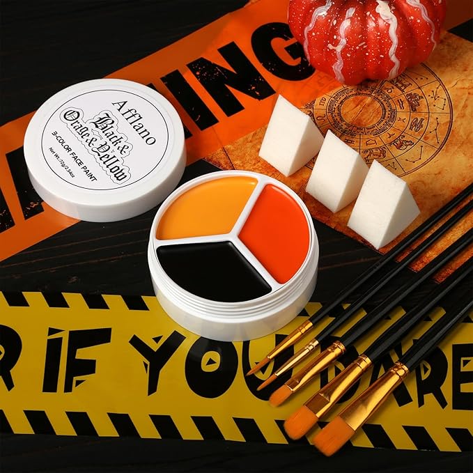 Black Yellow Orange Face Body Paint Kit, Pumpkin Halloween Makeup Cream Bodypaint with Brushes & Sponge Applicators for Kids, Facepaint Set for Scarecrow Clown Tiger Lion Fox Costume Cosplay SFX Looks