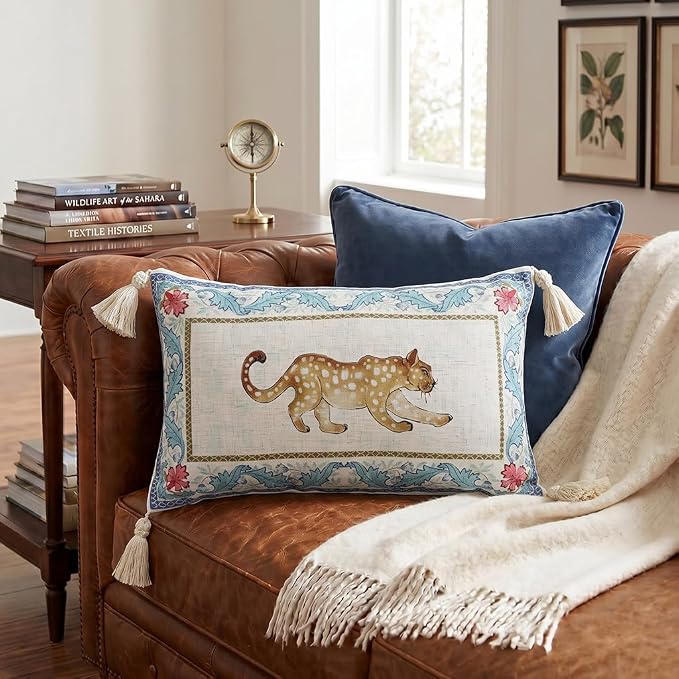 patdrea Designer French Vintage Linen Throw Pillow Cover,12"x20"-Fromm B | Elegant Decorative Pillow Case,Leopard Print with Tassel,Pillow Cover for Couch Living Room Bedroom Sofa