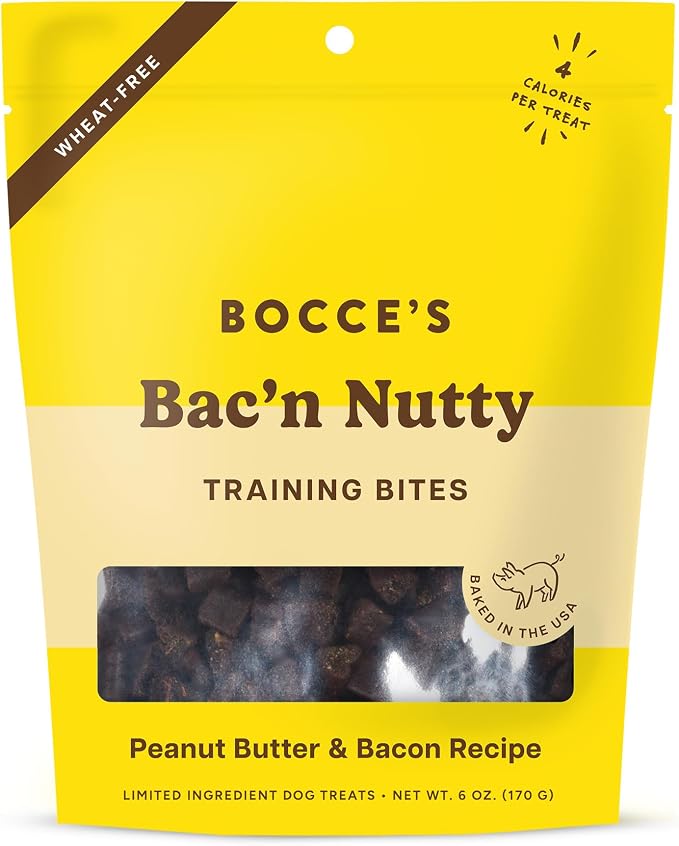 Bocce's Bakery Bac'n Nutty Training Dog Treats, PB & Bacon Flavor (6 oz) | Oven Baked, Wheat-Free Everyday Dog Training Treats - Made with Real, Limited Ingredients and Baked in The USA
