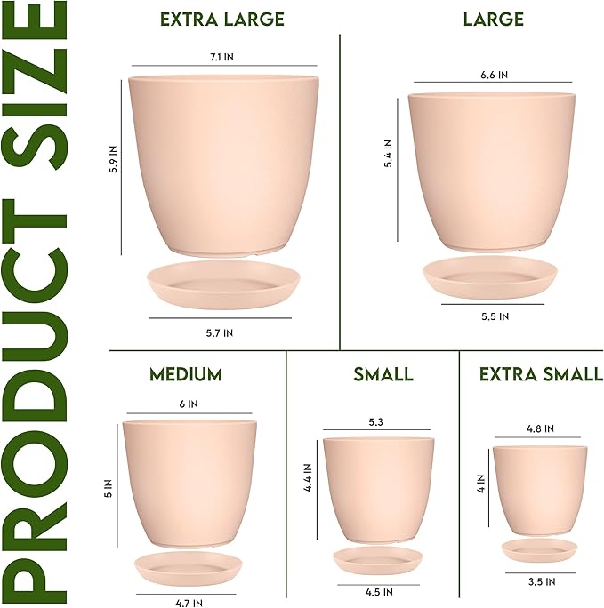 Plant Pots Indoor with Drainage, 5 Pack Multi-Size Planters Set, Pink | Drainage holes included Multiple sizes 7/6.6/6/5.3/4.8 In Indoor plants and flowers Durable plastic construction